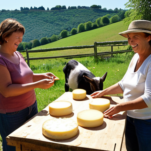 Home 4 **
A rural guide teaching tourists how to make cheese at a local farm in the French countryside. The scene is sunny and joyful, with people laughing and engaging with the activity. Focus on the hands-on experience and authentic cultural immersion. In the background, rolling green hills and happy goats graze, epitomizing French rural charm.
**