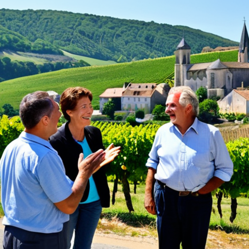 **

"A professional tour guide, fully clothed in appropriate attire, is enthusiastically telling a story to a small group of tourists in the French countryside. Rolling hills, vineyards, and a charming village are visible in the background. The tourists are diverse in age and appearance, all engaged and smiling.  Safe for work, appropriate content, perfect anatomy, natural proportions, professional photography, modest clothing, family-friendly scene, emphasizing the joy of discovery and connection to the land."

**