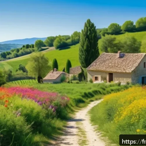 농촌관광지도사와 환경 보존 - A serene rural landscape in southern France during springtime, featuring a small group of eco-consci...