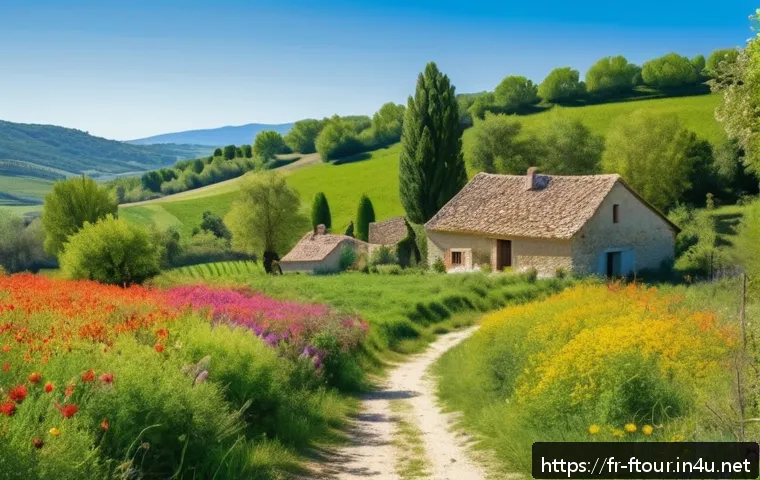 농촌관광지도사와 환경 보존 - A serene rural landscape in southern France during springtime, featuring a small group of eco-consci...