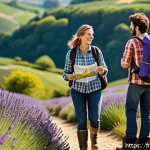 농촌관광지도사 지원 동기 작성법 - A warm and inviting rural tourism guide warmly leading a diverse family group along a lush, sunlit f...
