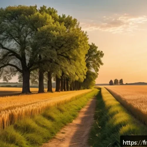 농촌관광지도사 업무 스트레스 관리법 - A serene rural landscape during golden hour, featuring gently rolling wheat fields swaying in the br...